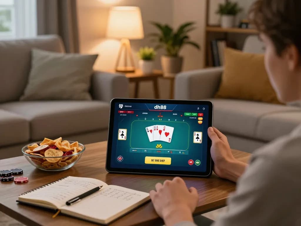 Player utilizing the dh88 app on a tablet during an online poker session, surrounded by a cozy home atmosphere.