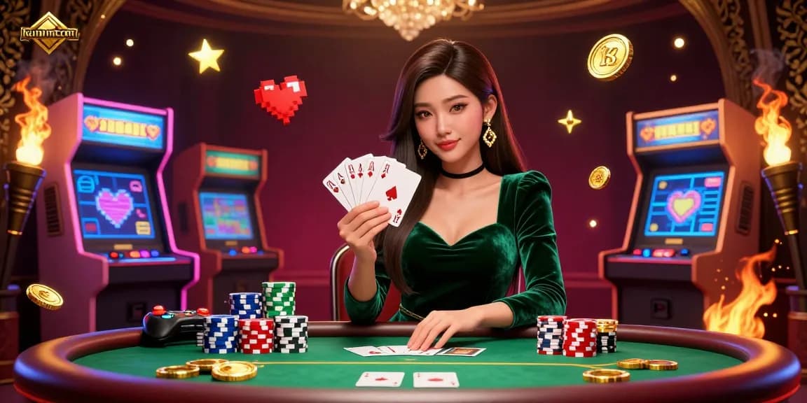 Kuwincom poker scene showcasing a beautiful Asian woman holding cards at a vibrant casino table with game elements.