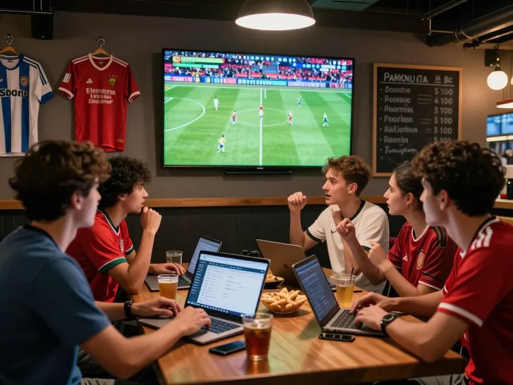 Friends analyzing 1gom betting odds in a vibrant sports bar during a live soccer match.
