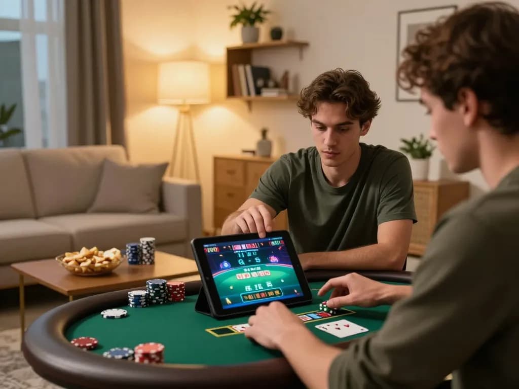 Engaged player enjoying online gaming at home with hay88x interface displayed on tablet.