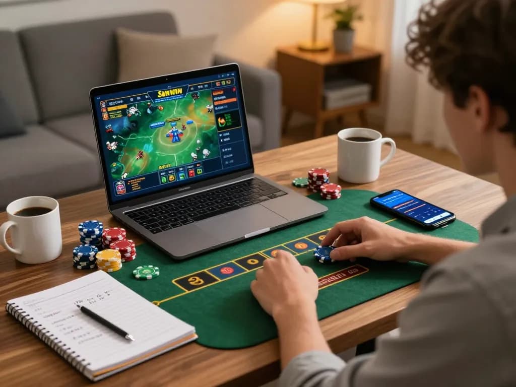 Tài Xỉu Sunwin player strategizing with online gaming interface at home.