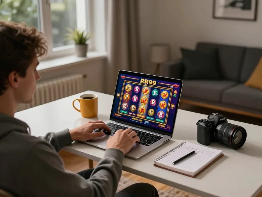 Player enjoying online slot game experience at RR99 in cozy home setting