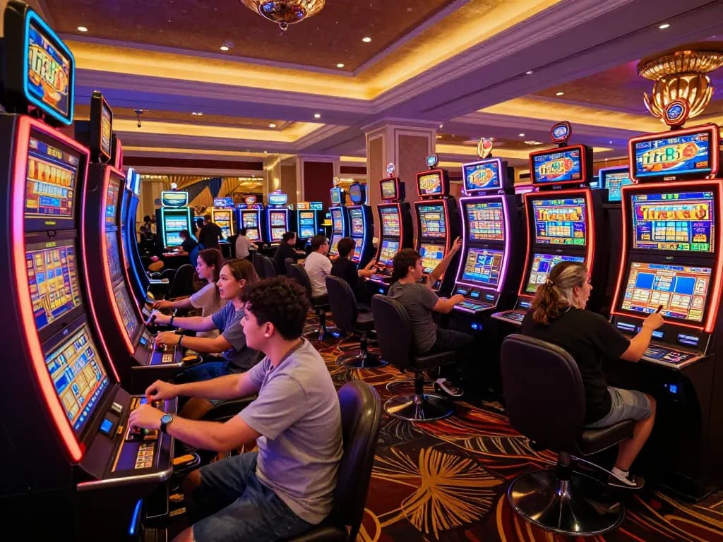 Players enjoying slot games at tr88 casino, colorful machines and vibrant atmosphere.