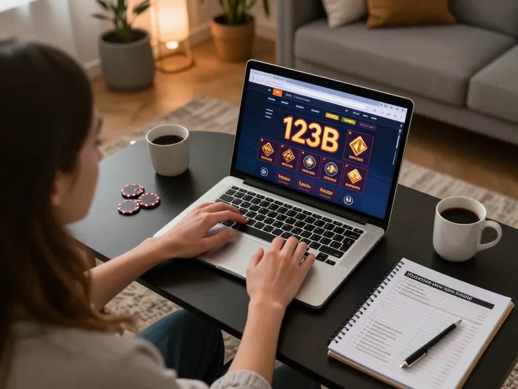 Player engaged in online gaming at 123B, with casino interface and strategic notes visible