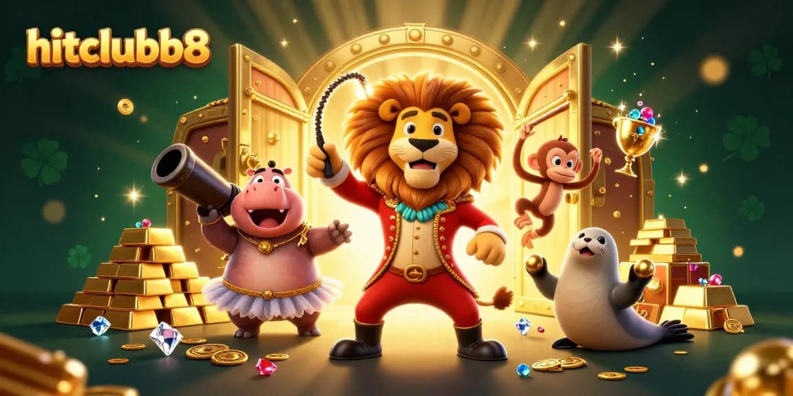 The hitclubb8 carnival of winnings showcases a lion, hippo, monkey, and seal surrounded by abundant treasures