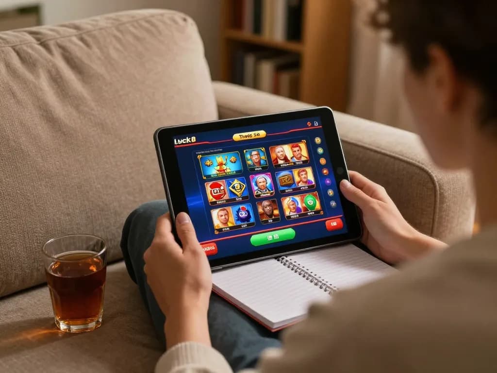 Engaging in luck8 trang chủ online casino gaming on a tablet in a cozy living room.