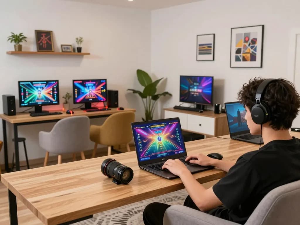 Engaging in online casino gaming at NK88 with a vibrant laptop interface and a cozy atmosphere.