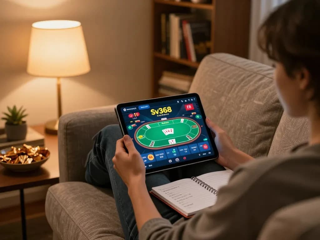 Engaging with Sv368 app on tablet for an exciting online poker game while relaxed at home