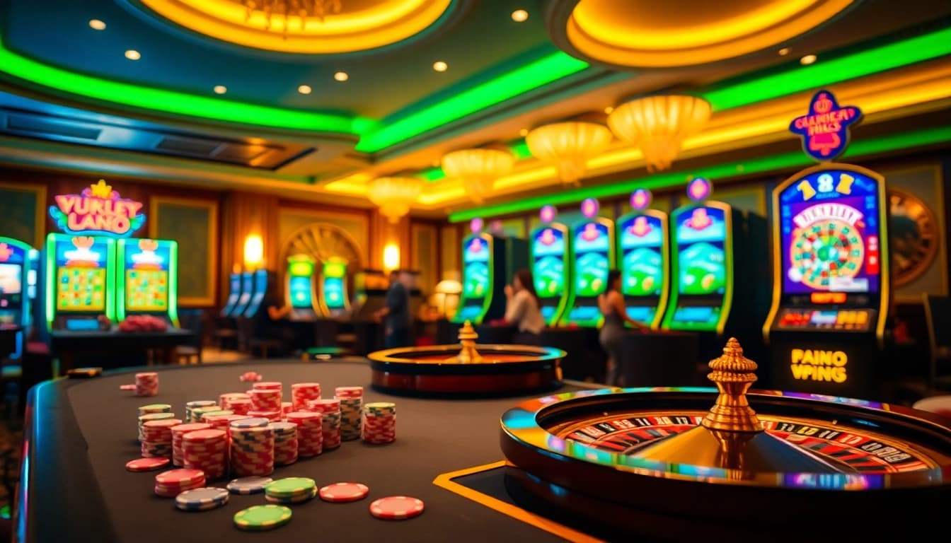 Engaging gameplay at NK88 casino with vibrant slot machines and poker chips.
