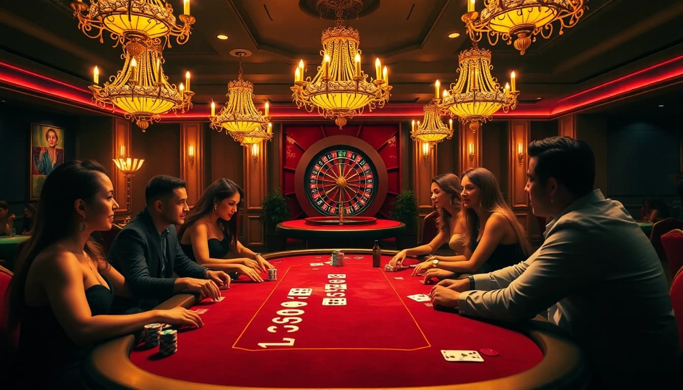 High-stakes poker gameplay at 678VIP showcasing vibrant chips and elegant players in a luxurious setting.