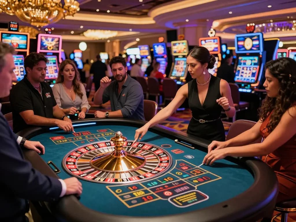 Exciting gameplay at a roulette table in a Las Vegas casino, highlighting thrilling moments of players betting, showcasing vibrant atmosphere and luxury decor, connecting to https://www.bearcreekwater