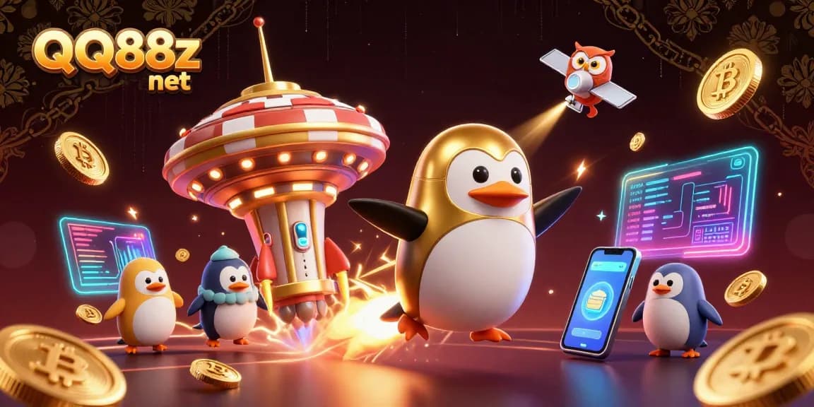 Experience thrilling gaming with QQ88z net as a golden penguin blasts towards the casino.