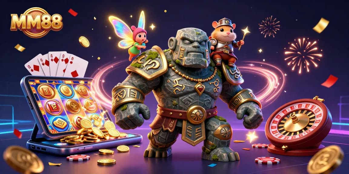 Engage with MM88's thrilling adventure as a magical golem guardian and hamster knight bring casino excitement to life.