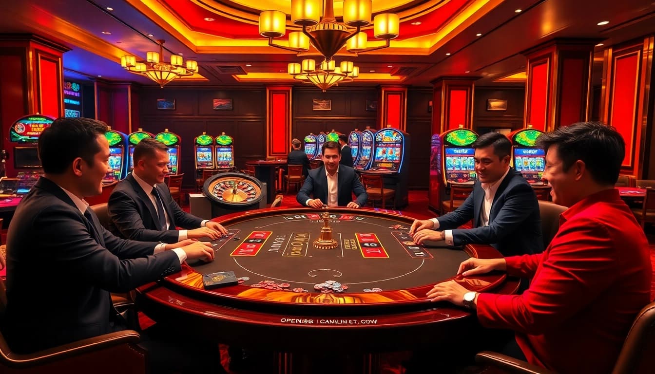 Engaged gamblers enjoying an exciting poker game at OPEN88's luxurious casino.