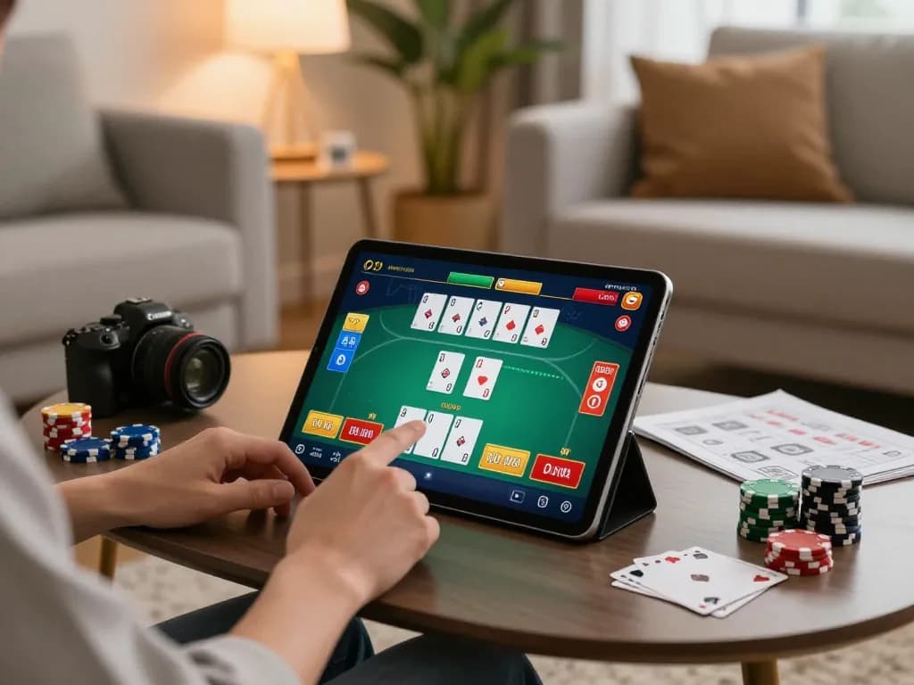 Playing poker online at https://uu88.blog/ using a tablet in a cozy living room setting, featuring chips and strategy notes.