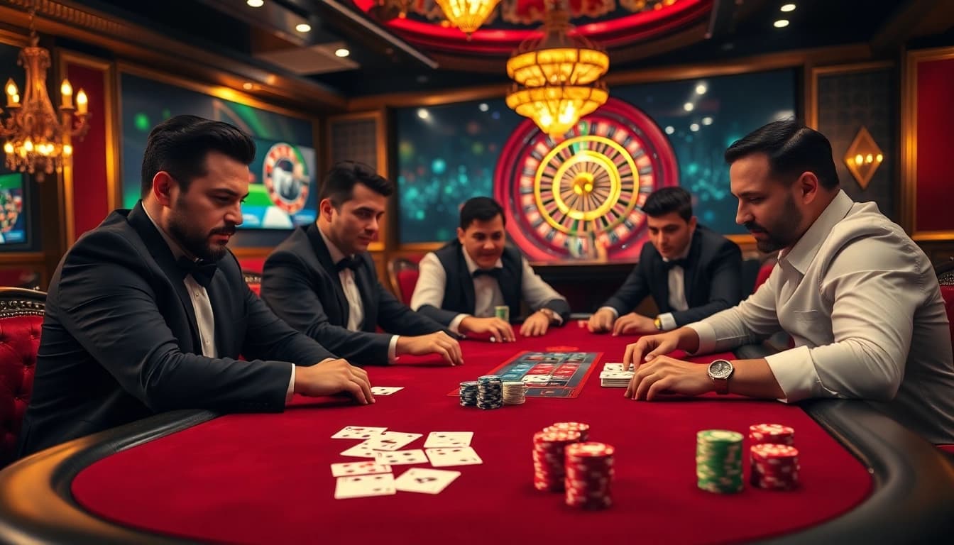Engaging players at a tg88-themed casino poker table showcasing strategy and excitement.