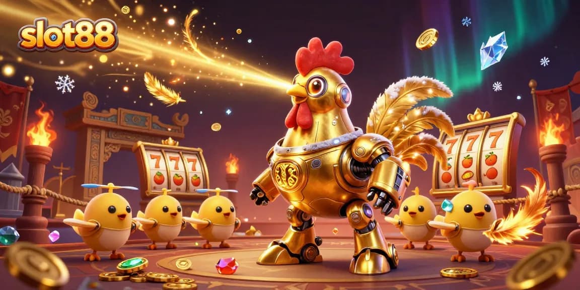 Experience slot88's excitement with a dynamic casino scene of winning symbols and playful characters