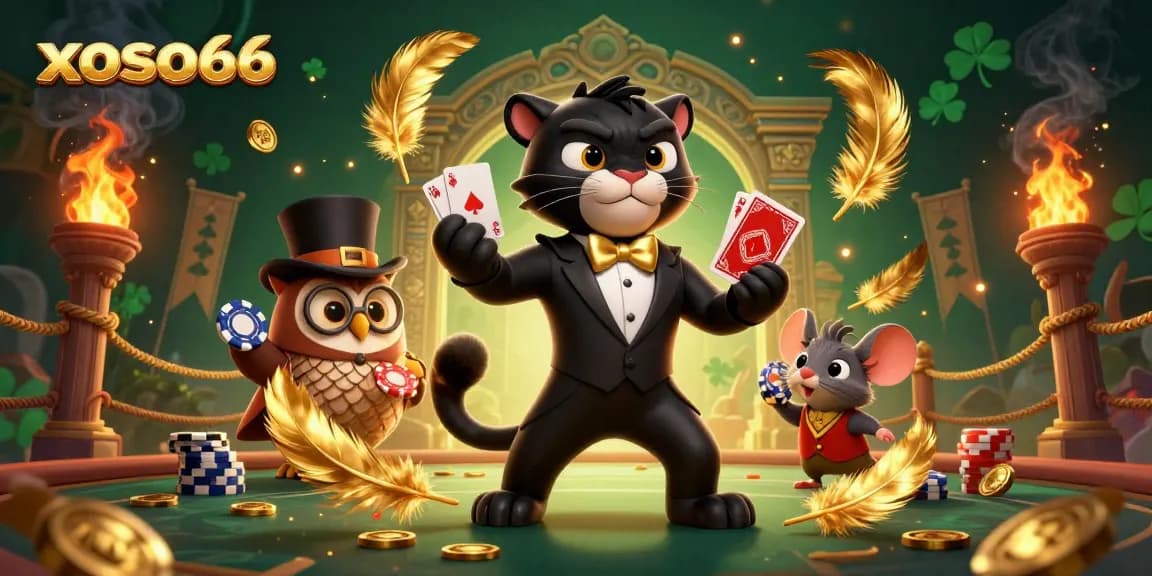 xoso66 players celebrate big wins with a 3D cartoon black panther, owl, and lucky mouse in an exciting casino scene