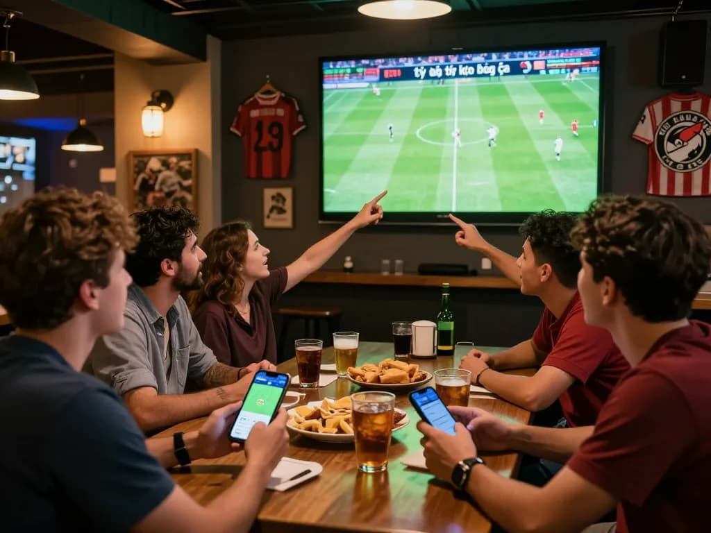 Friends discussing tỷ lệ kèo bóng đá in a lively sports bar with a football match backdrop.