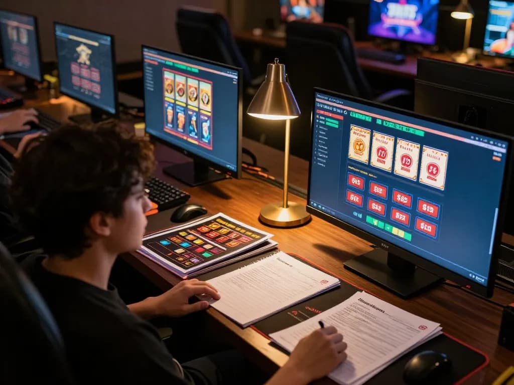 KUBET online gaming setup with multiple screens showcasing casino games and strategies in a professional workspace.