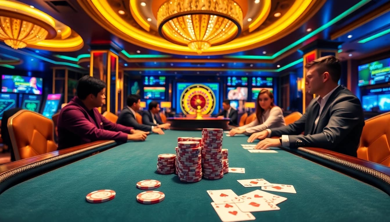 High-stakes poker game featuring 88aa chips and cards in a luxurious casino setting.