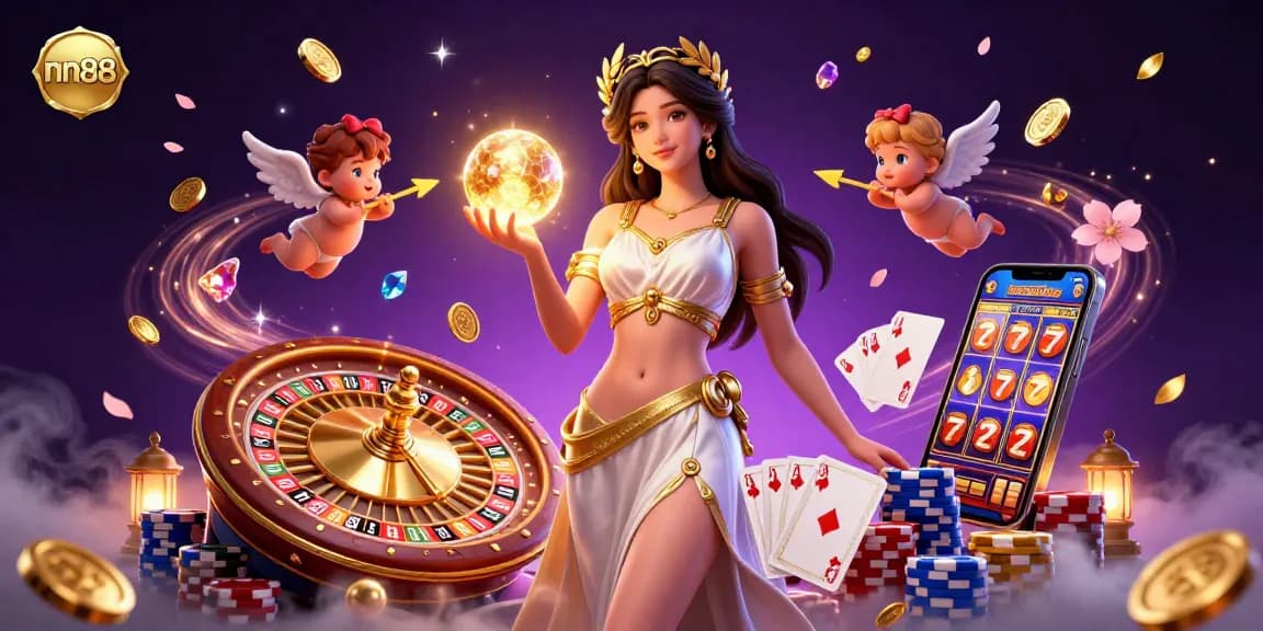 Engage with nn88's thrilling casino atmosphere featuring a goddess and Cupid cherubs amidst vibrant gaming elements.