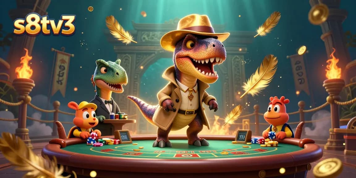 Engage with the action at s8tv3, showcasing a velociraptor card counter, a suspicious pit boss, and a sneaky compy at a blackjack table.