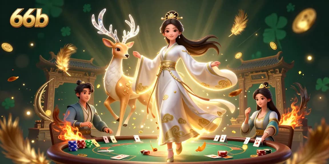 Experience excitement with 66b in a vibrant casino scene featuring a floating Asian woman and poker elements.