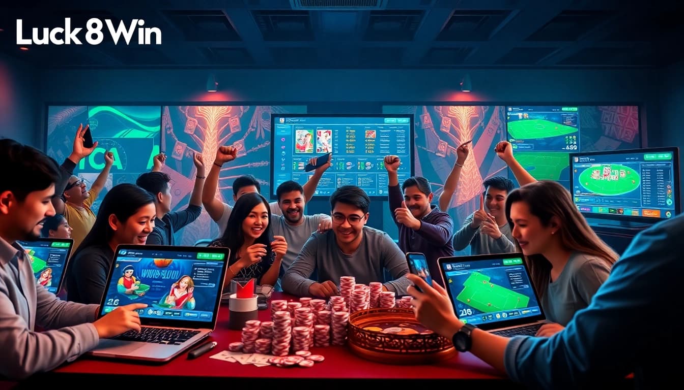 Engaging online gambling scene showcasing diverse players exploring luck8win.live's offerings with vibrant graphics.