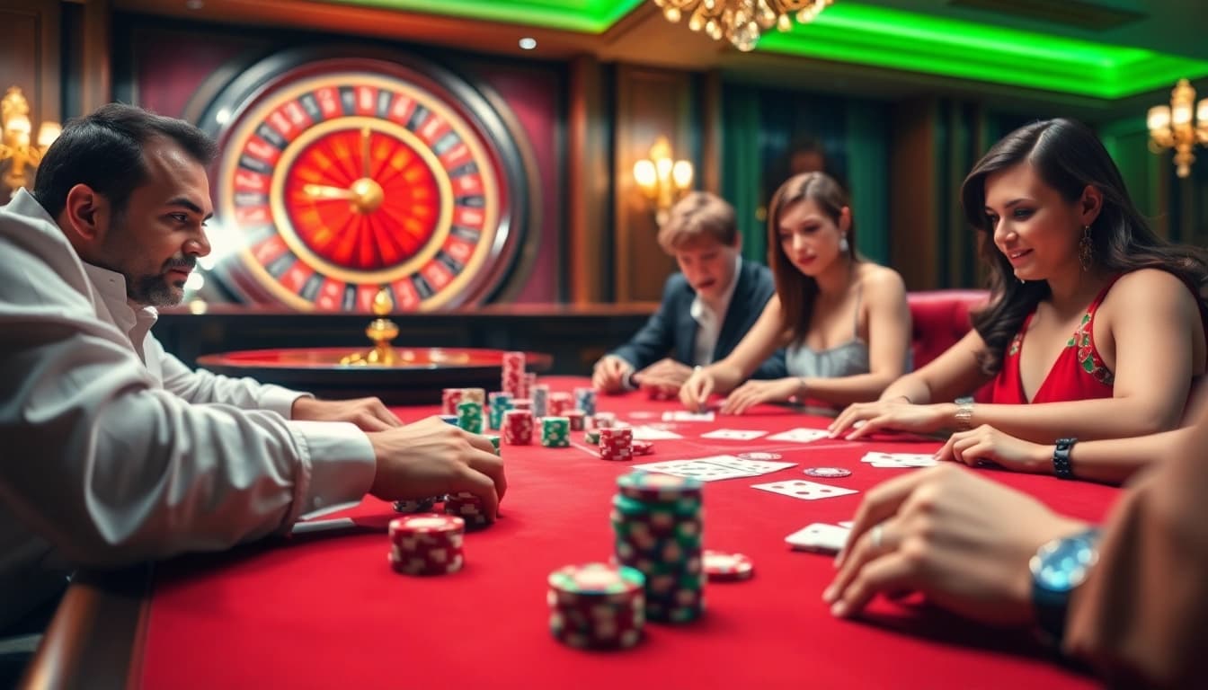 Excited players at the luxurious poker table of https://mubet.me/, showcasing high-stakes gambling action.
