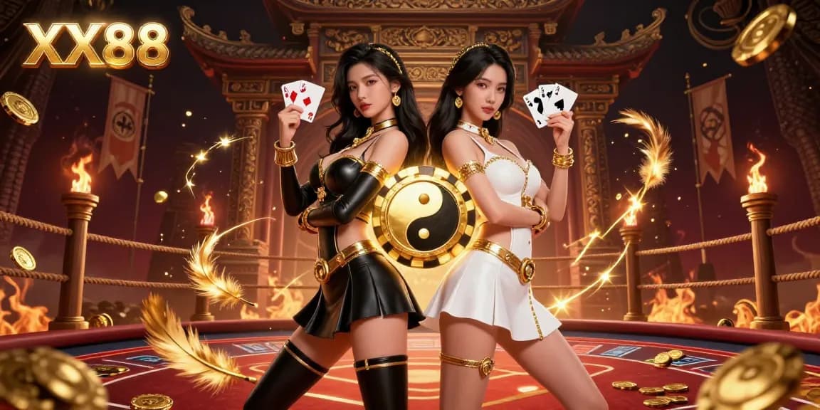 Stunning twin Asian women in casino-themed outfits holding cards represent XX88, showcasing dynamic casino elements.