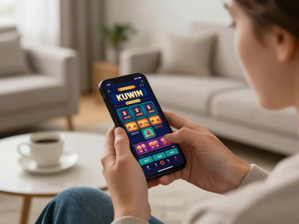Kuwin player using smartphone to engage with casino games in a cozy home setting.