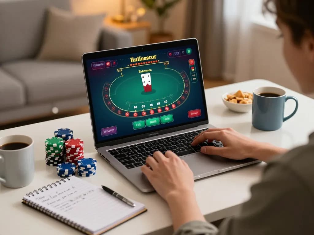 va88 engaging in online blackjack strategy with colorful chips and a laptop in a cozy home setting