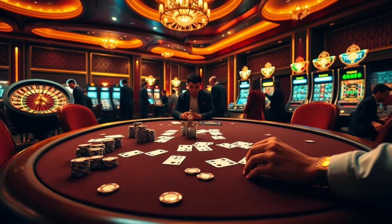 Engaging poker action at f8bet.net.in with luxurious casino ambiance and vibrant game elements.