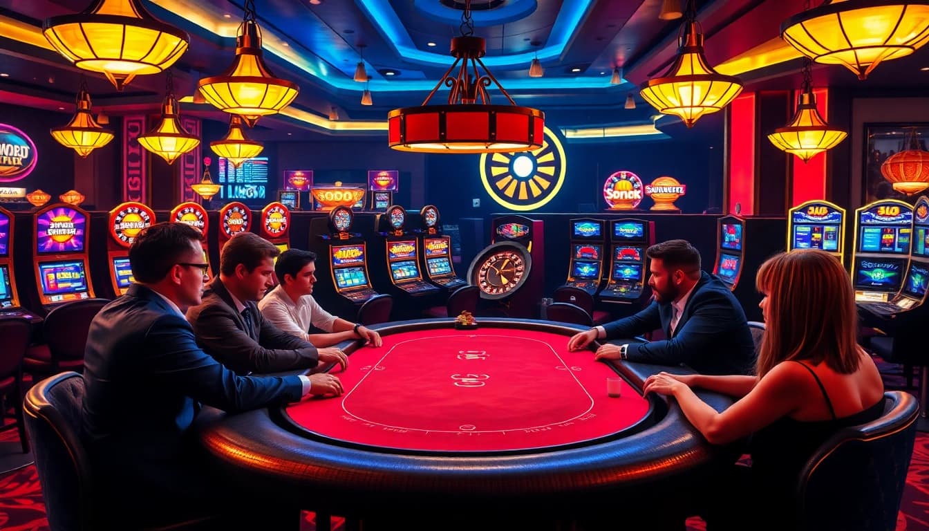 SODO66 players engaged in an exciting poker game at a glamorous casino table.