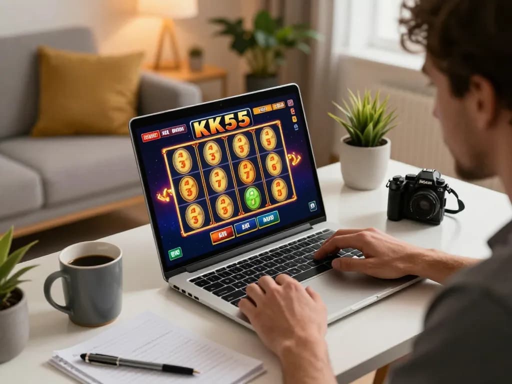 Player enjoying KK55 slot game from home, combining comfort with strategic online gambling experience