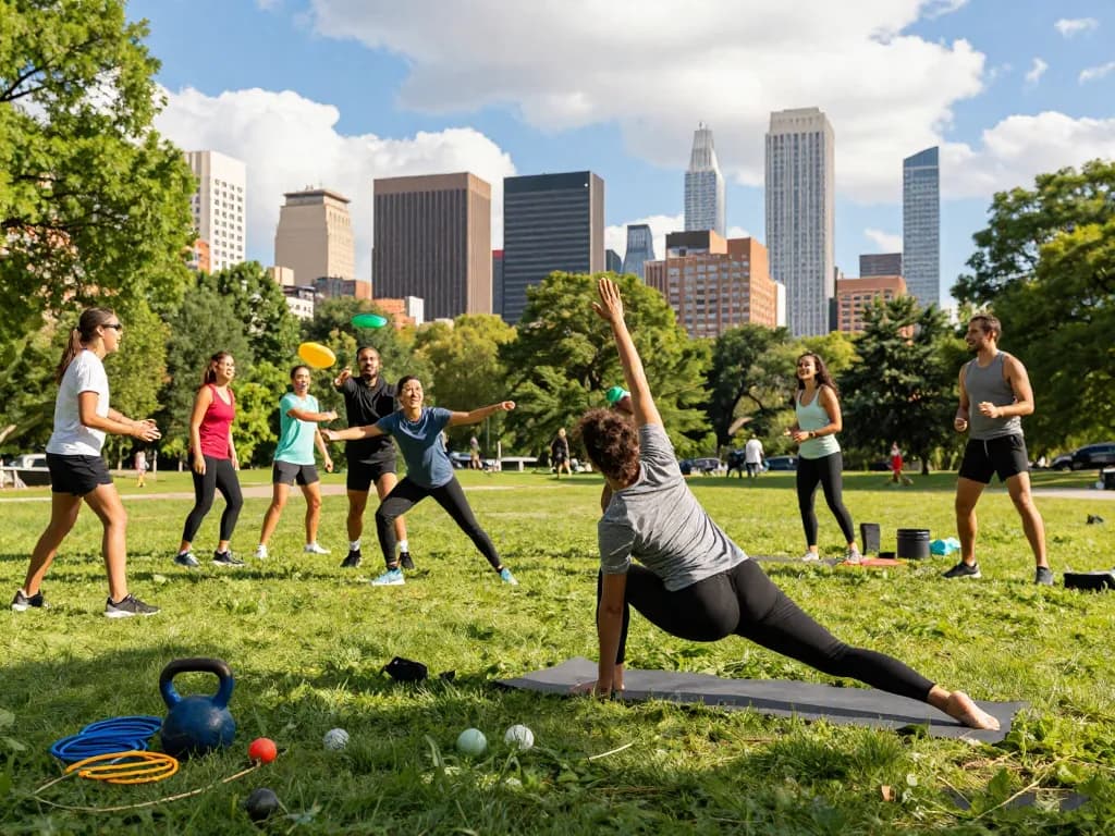 Youth practicing yoga outdoors in sunwin urban park setting, vibrant lifestyle activity.