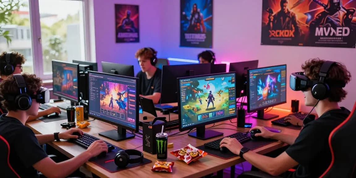 Players enjoying an xxx game in a colorful gaming room filled with technology and snacks.