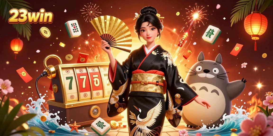 Play slots with 23win and enjoy an immersive casino experience featuring vivid characters and decorations.