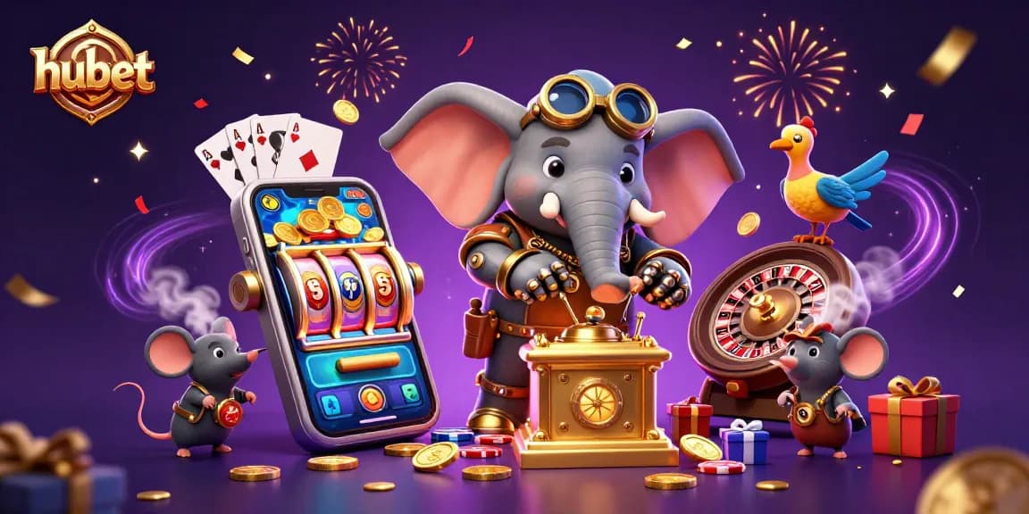 Play big at hubet with a steampunk elephant on a golden slot machine amid exploding coins and cards.