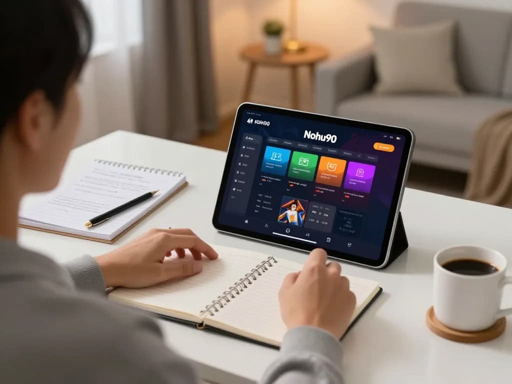 Nohu90 player engaged in online casino gaming on tablet at home, showcasing strategic betting notes