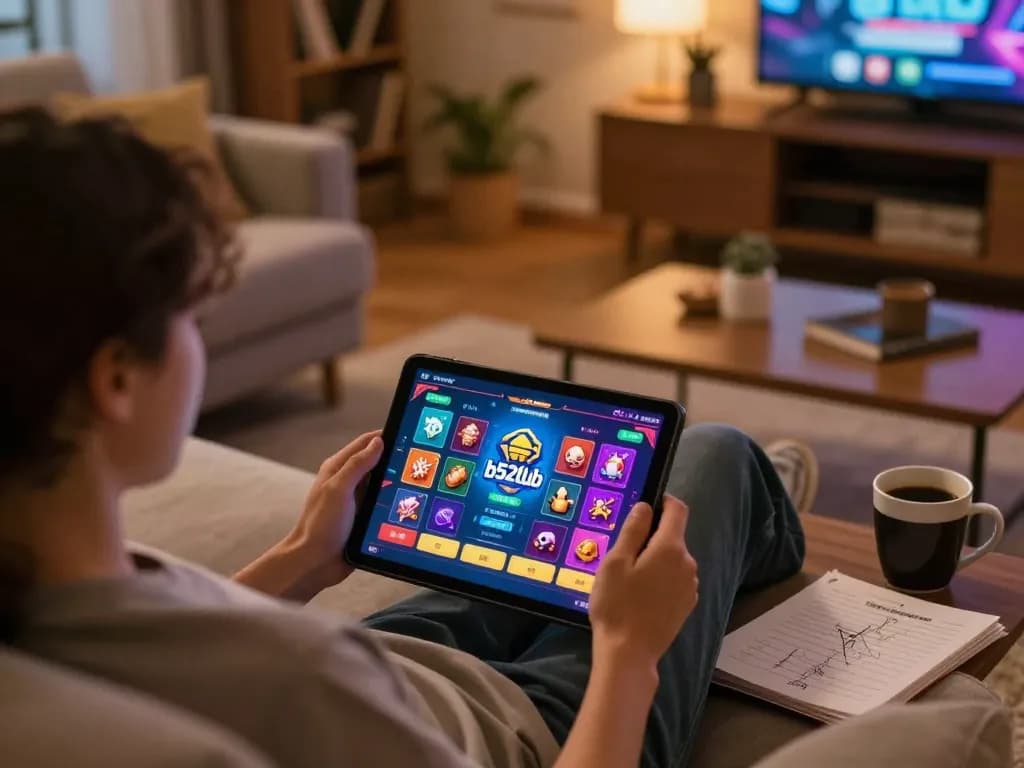 b52club user enjoying online gaming on tablet in cozy home setting with strategy notes