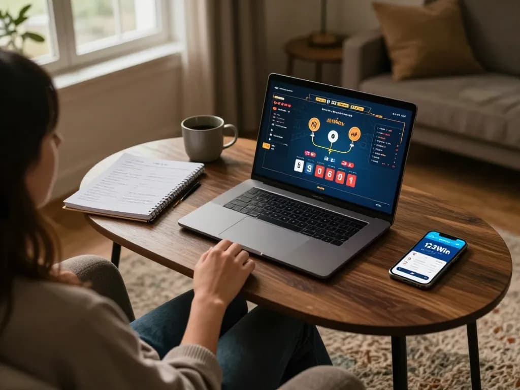 Engaging in live blackjack on 123Win co laptop setup while studying betting strategies