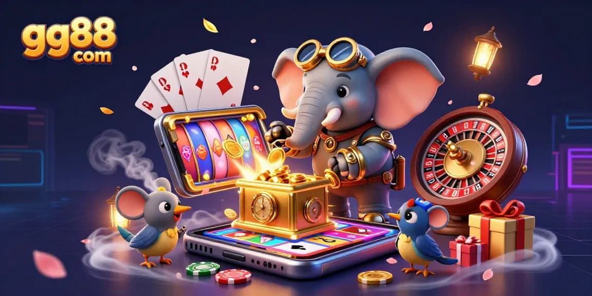 Engage with the best at gg88 com featuring a steampunk elephant operating a golden slot machine amidst vibrant casino elements.