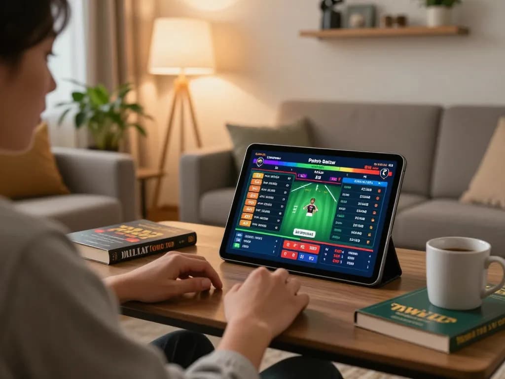 Engaged player using 78WIN tablet for live sports betting with strategic insights.