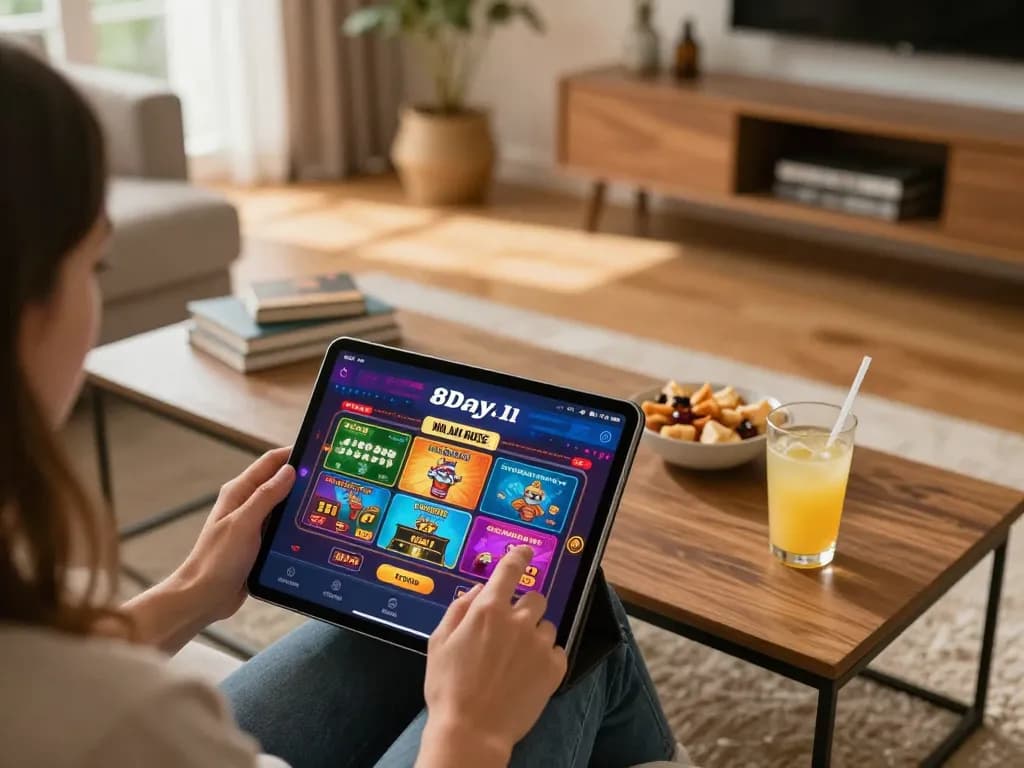 Engaged user exploring the 8Day casino app on tablet in a cozy home setup, highlighting mobile gaming excitement.