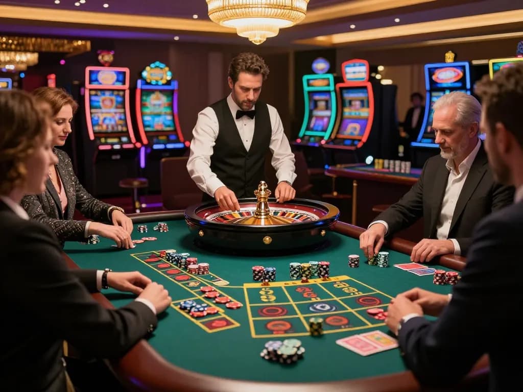 SAY88 players enjoying a thrilling roulette game in a vibrant casino setting with an engaging atmosphere