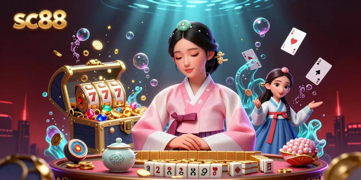 Experience the excitement at sc88 with vibrant casino elements and a serene Asian woman.