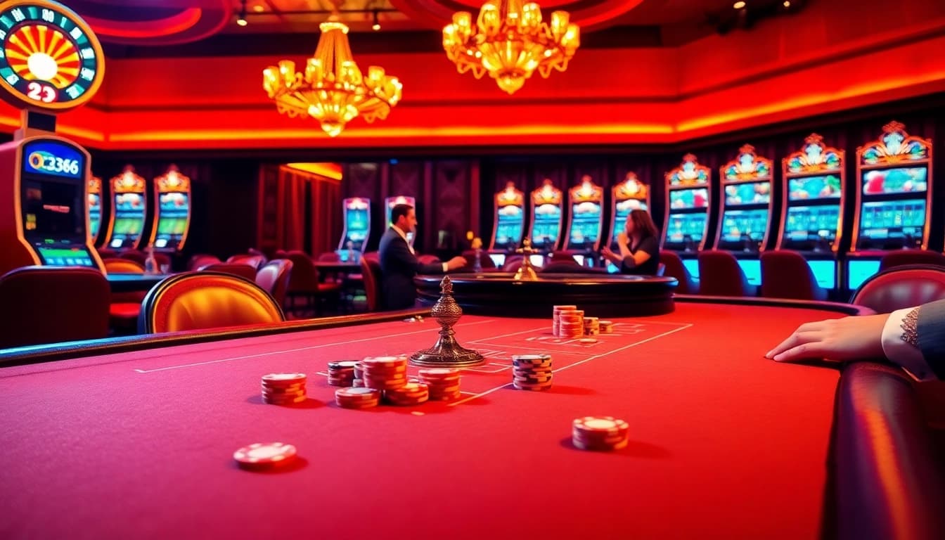 Experience the thrill of gaming at ok8386.com with a vibrant luxury casino scene showcasing poker and slot games.