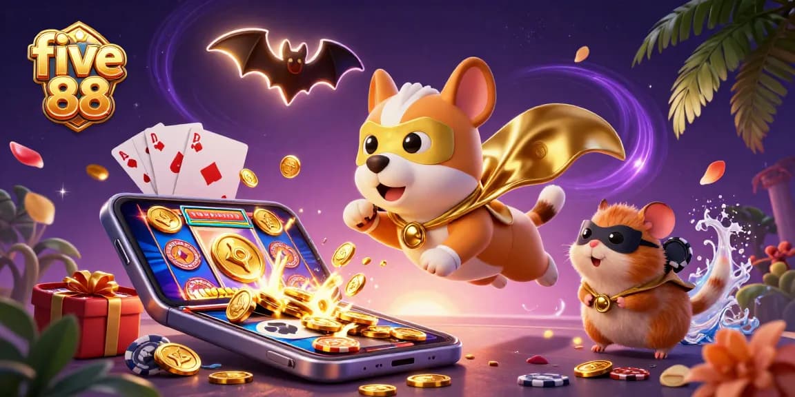 Win big at five 88 with the superhero dog flying through a colorful casino world of games.